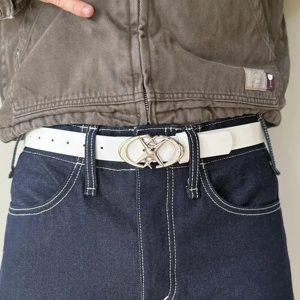 2000s White Silver Star Belt Adjustable Fits 26-34 Unisex Y2K Streetwear